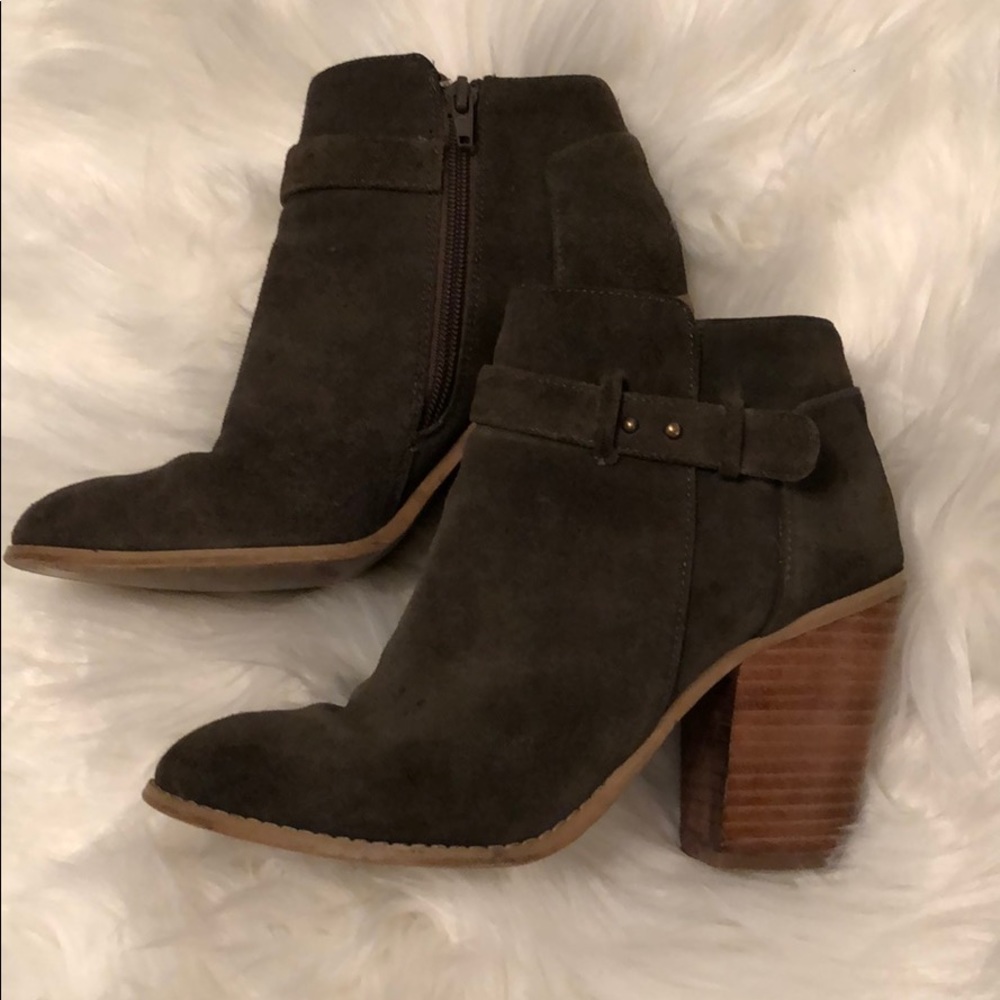 Olive Suede Sole Society Booties with Stacked Heel